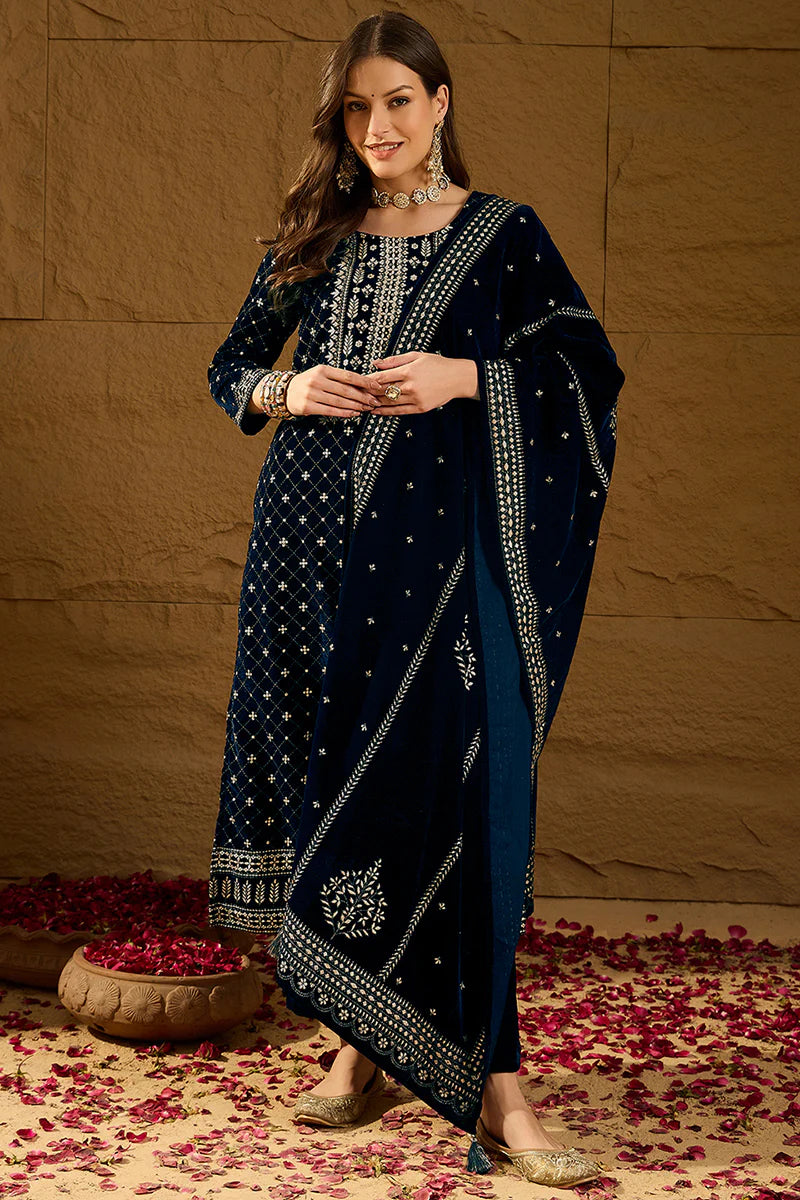 Blue Velvet Ethnic Motifs Printed Straight 3-Piece Suit Set