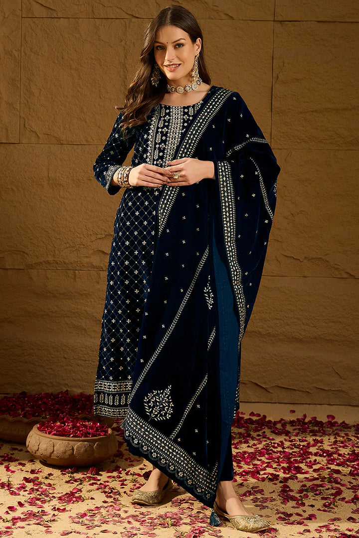 Blue Velvet Ethnic Motifs Printed Straight 3-Piece Suit Set