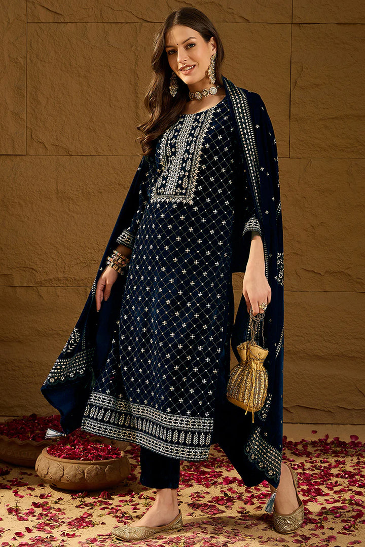 Blue Velvet Ethnic Motifs Printed Straight 3-Piece Suit Set