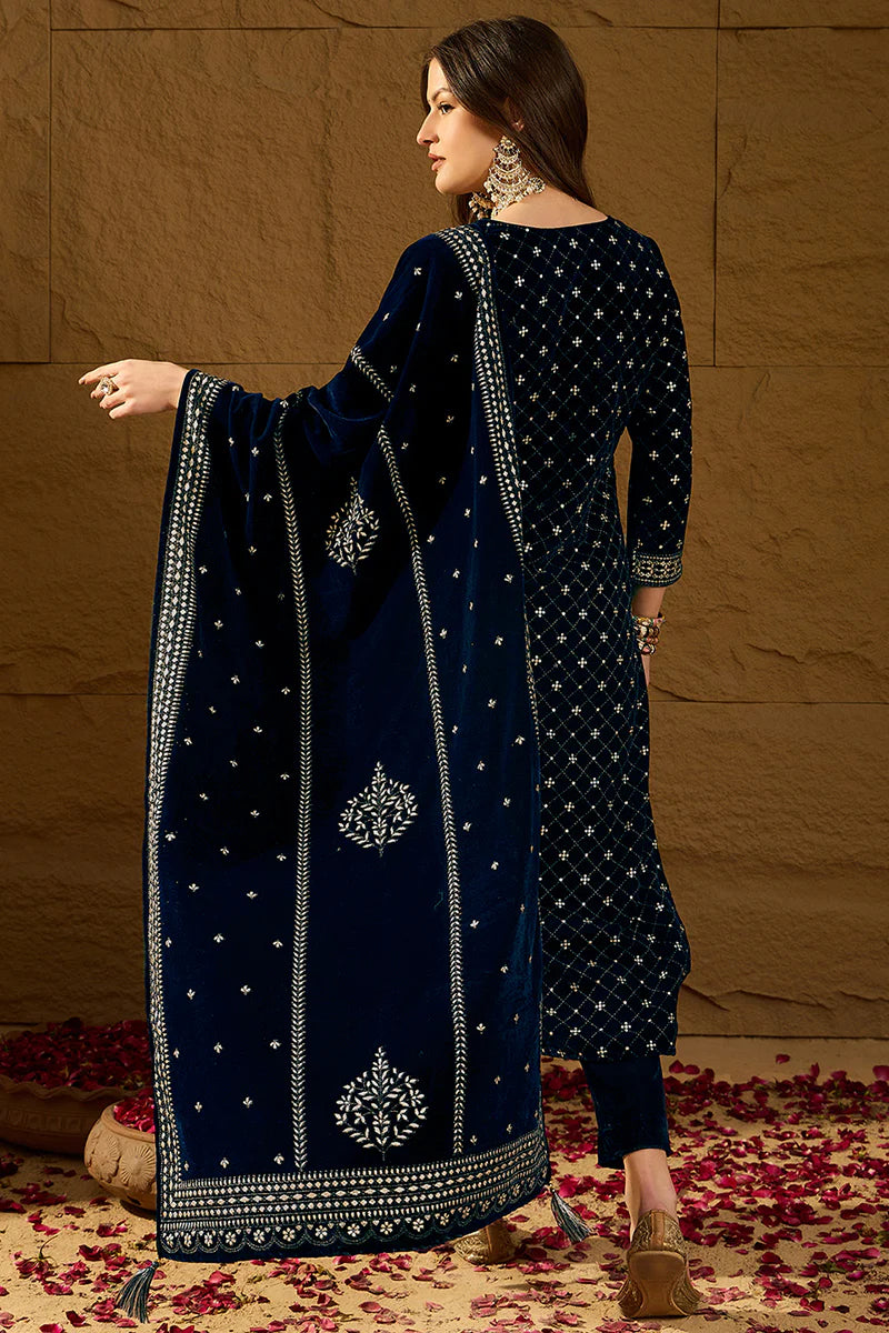 Blue Velvet Ethnic Motifs Printed Straight 3-Piece Suit Set