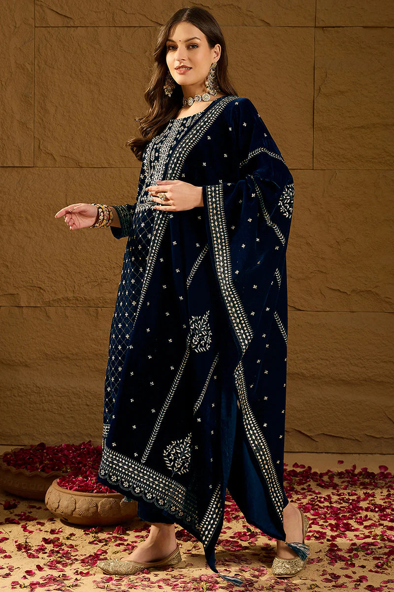 Blue Velvet Ethnic Motifs Printed Straight 3-Piece Suit Set