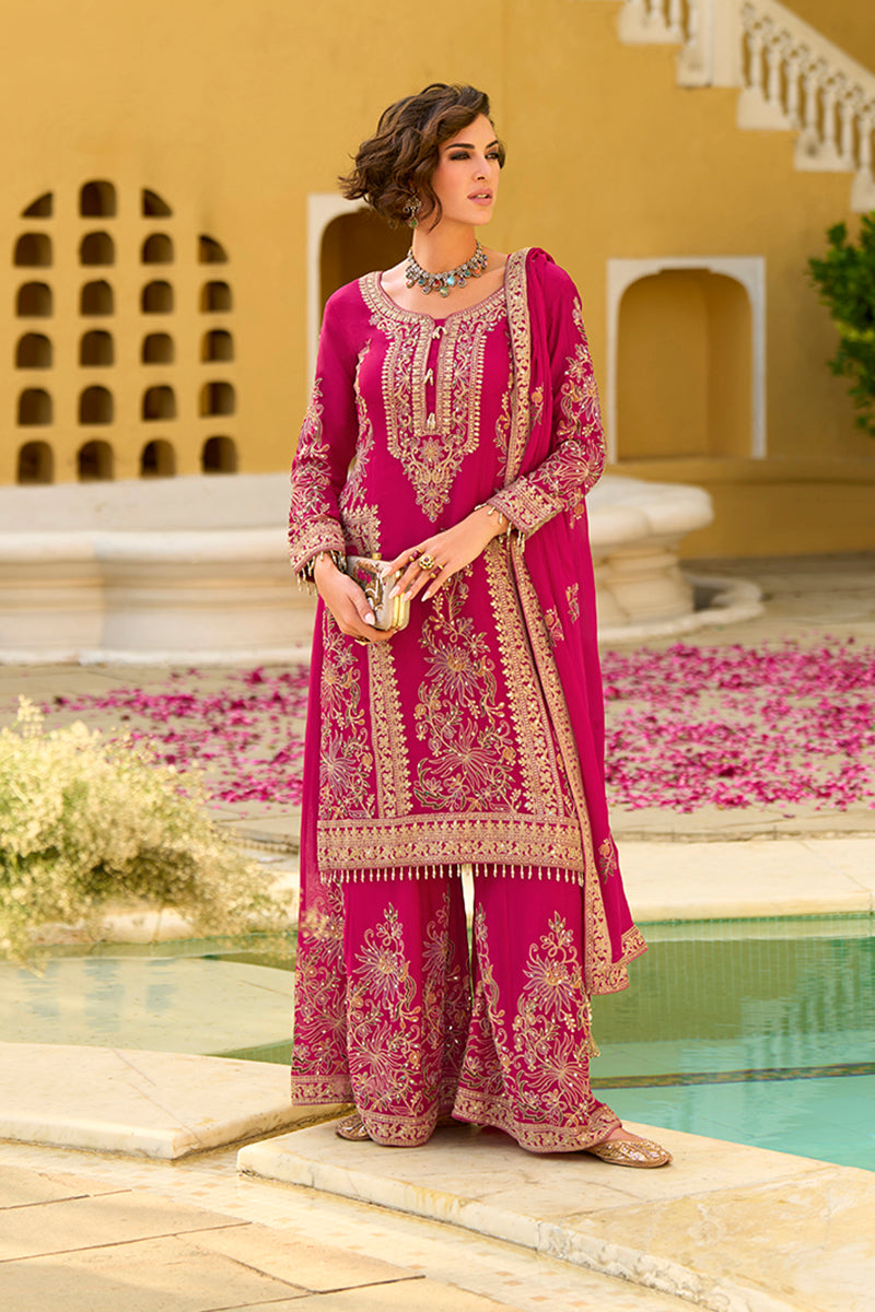 Pink Chinon Chiffon Embroidered Straight Kurta Sharara with Dupatta