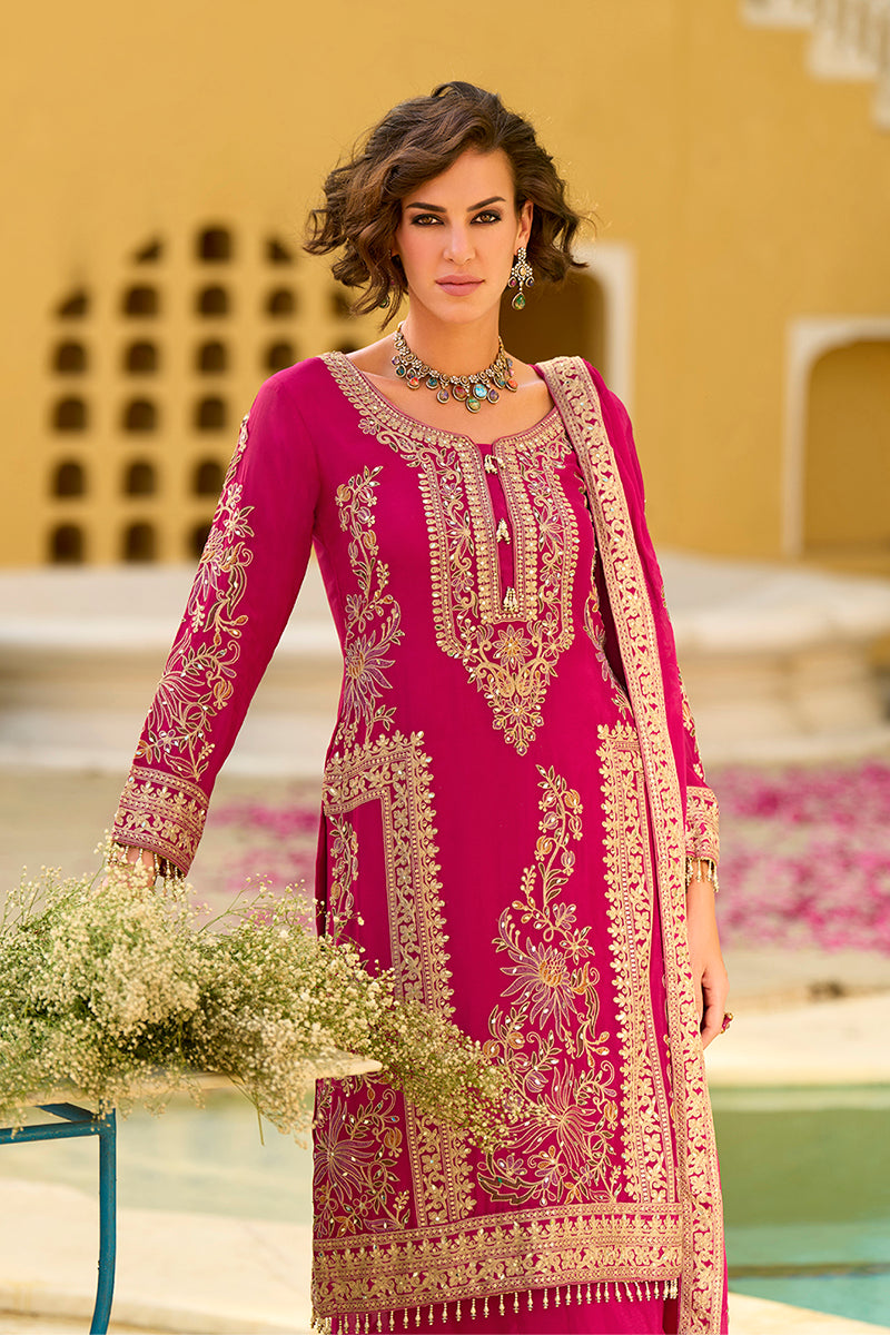 Pink Chinon Chiffon Embroidered Straight Kurta Sharara with Dupatta
