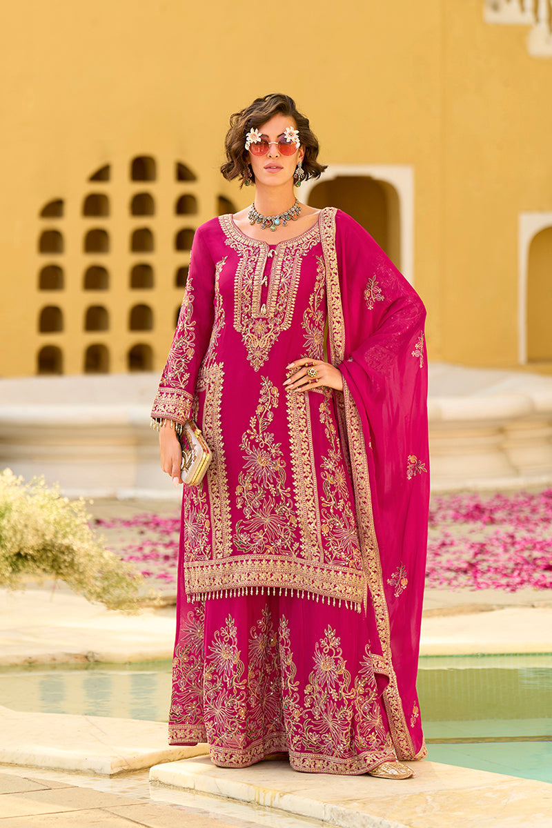 Pink Chinon Chiffon Embroidered Straight Kurta Sharara with Dupatta