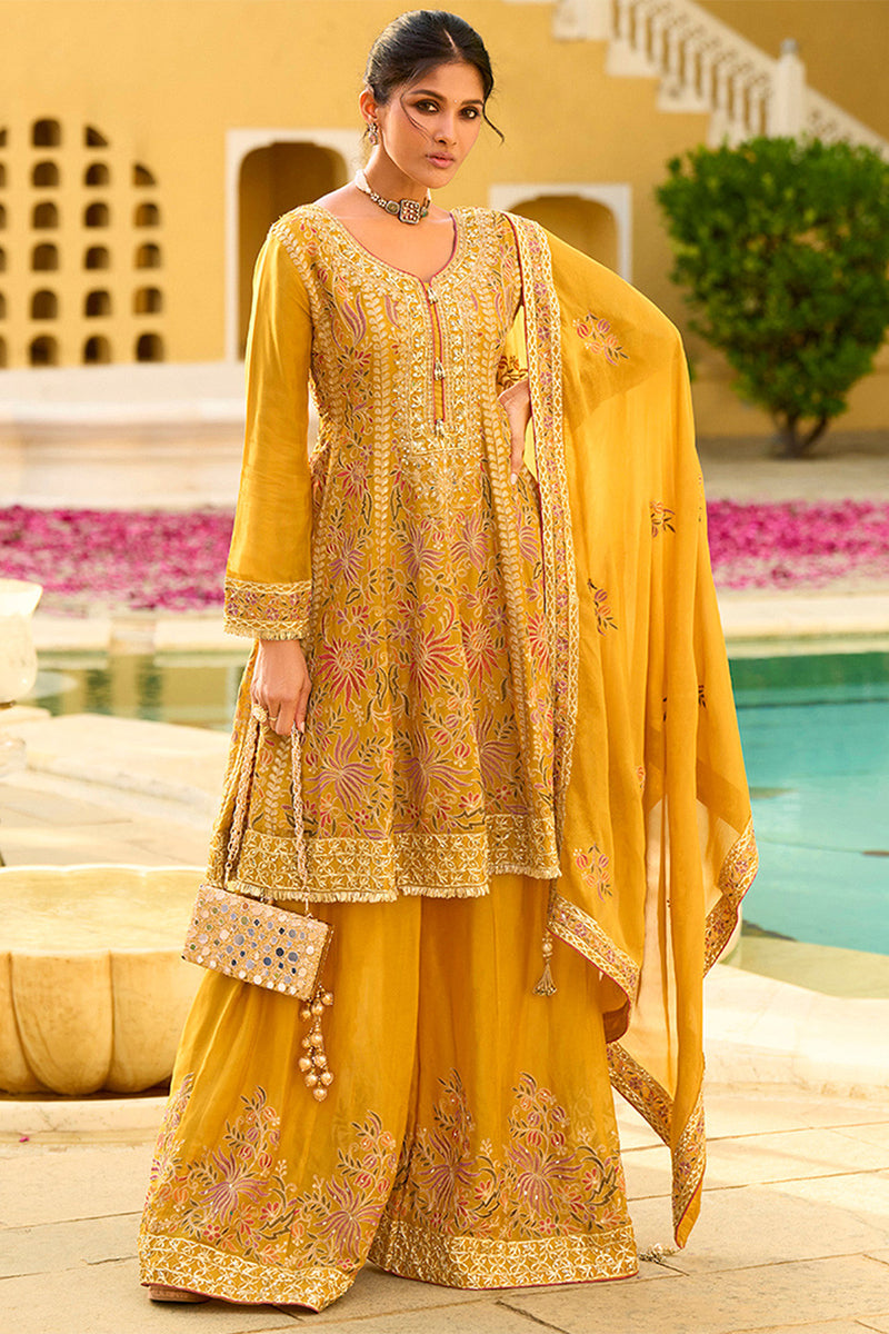 Yellow Chinon Chiffon Embroidered Anarkali Kurta Sharara with Dupatta