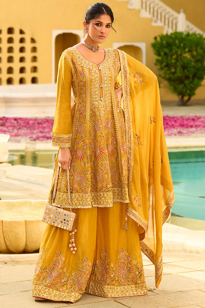 Yellow Chinon Chiffon Embroidered Anarkali Kurta Sharara with Dupatta