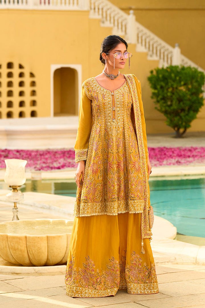 Yellow Chinon Chiffon Embroidered Anarkali Kurta Sharara with Dupatta