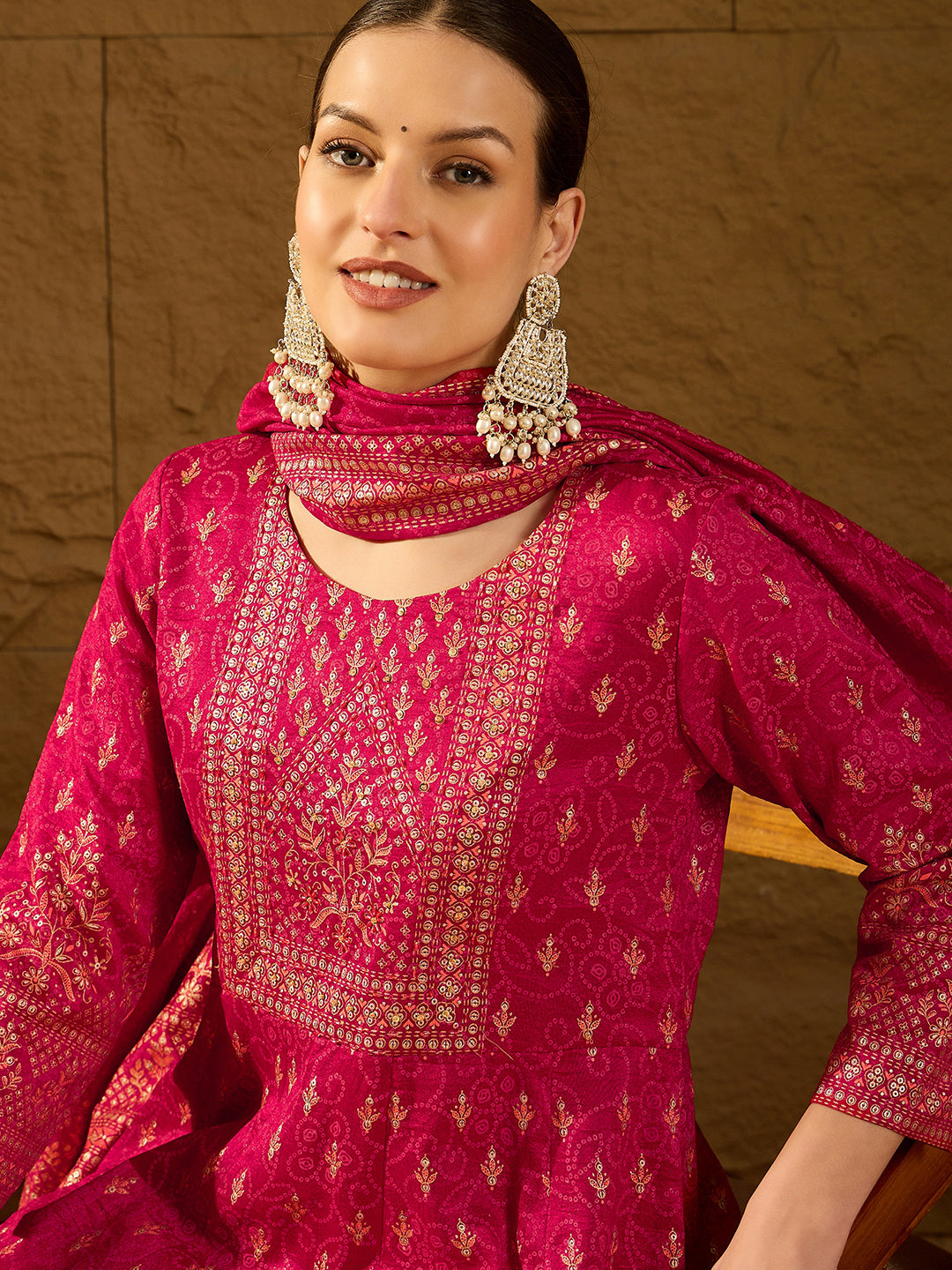 Red Silk Blend Ethnic Motifs Anarkali 3-Piece Kurta Set