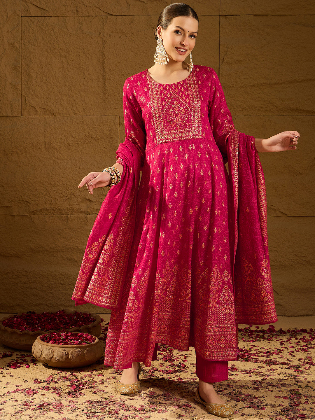 Red Silk Blend Ethnic Motifs Anarkali 3-Piece Kurta Set