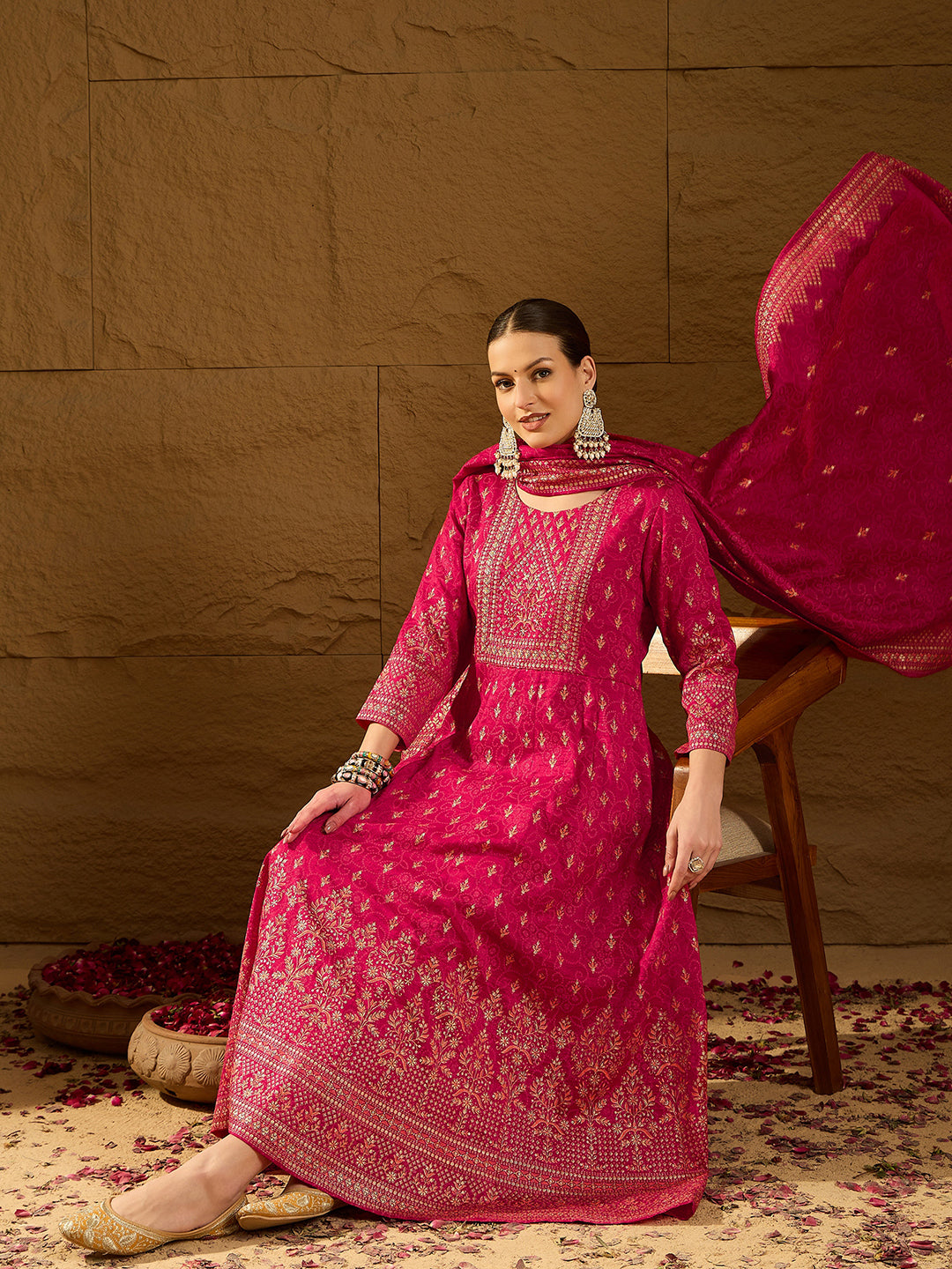 Red Silk Blend Ethnic Motifs Anarkali 3-Piece Kurta Set