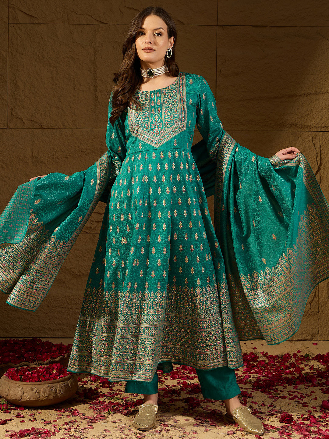 Teal Silk Blend Ethnic Motifs Anarkali 3-Piece Kurta Set