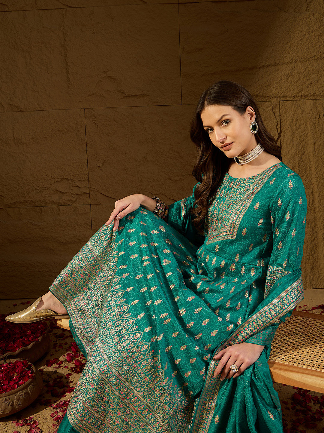 Teal Silk Blend Ethnic Motifs Anarkali 3-Piece Kurta Set