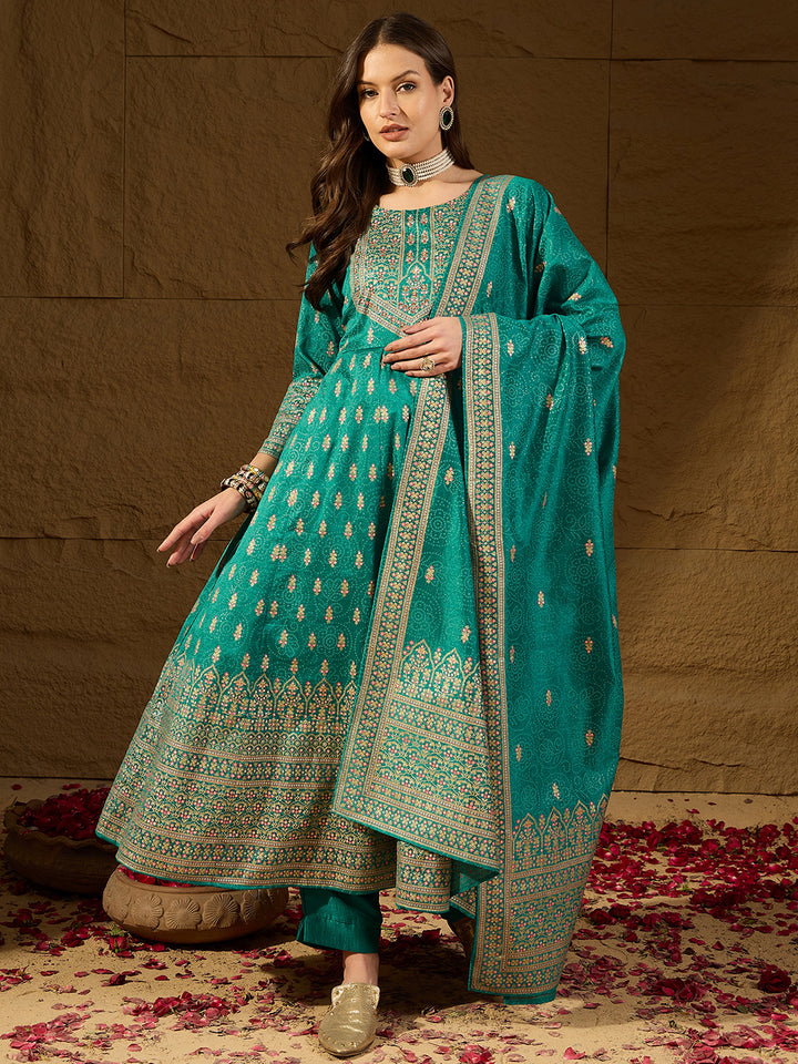 Teal Silk Blend Ethnic Motifs Anarkali 3-Piece Kurta Set