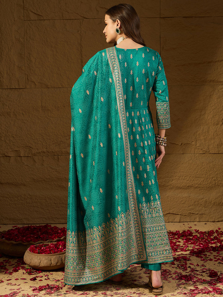 Teal Silk Blend Ethnic Motifs Anarkali 3-Piece Kurta Set