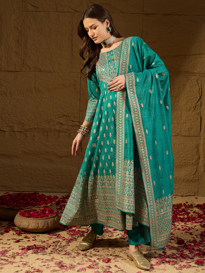 Teal Silk Blend Ethnic Motifs Anarkali 3-Piece Kurta Set