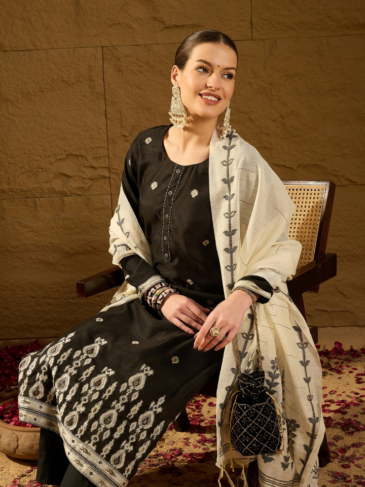 Black Chanderi Straight 3-Piece Kurta Set
