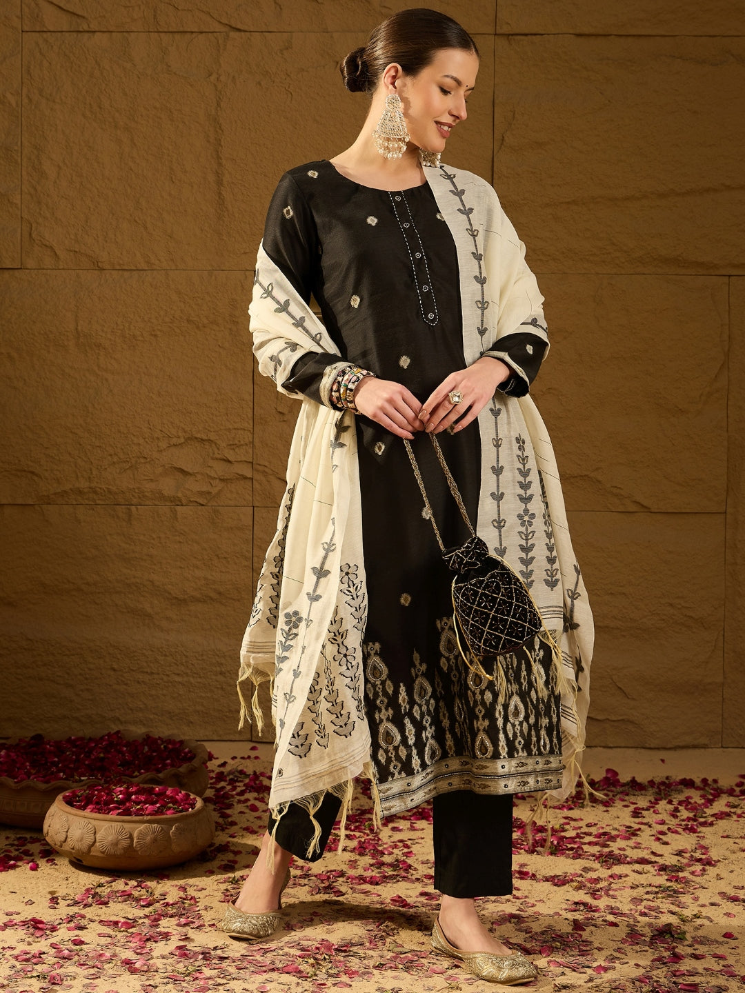 Black Chanderi Straight 3-Piece Kurta Set