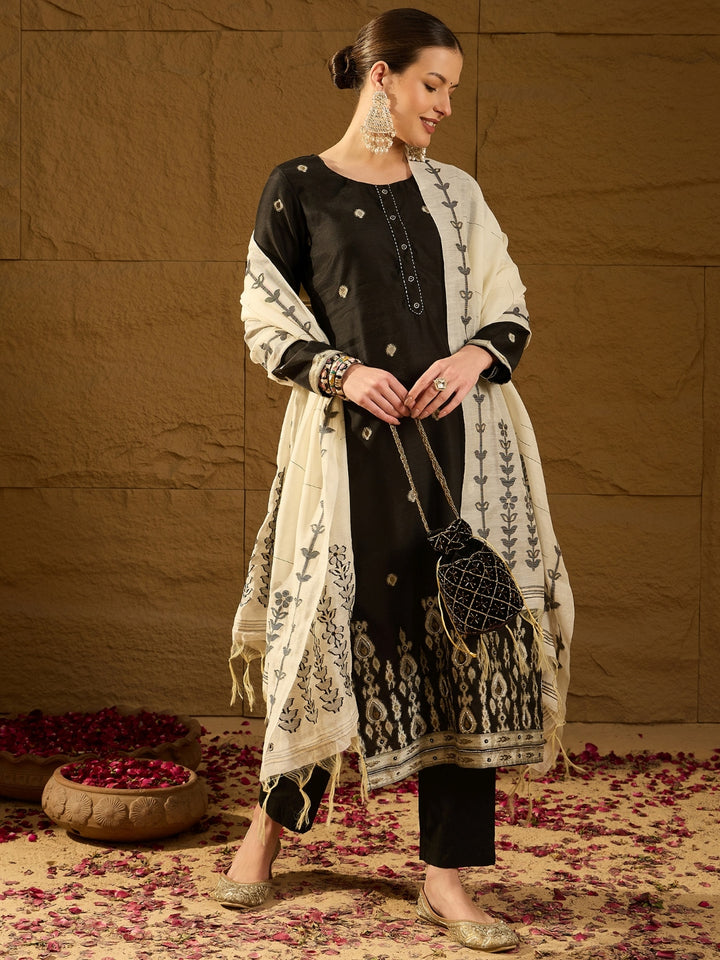 Black Chanderi Straight 3-Piece Kurta Set
