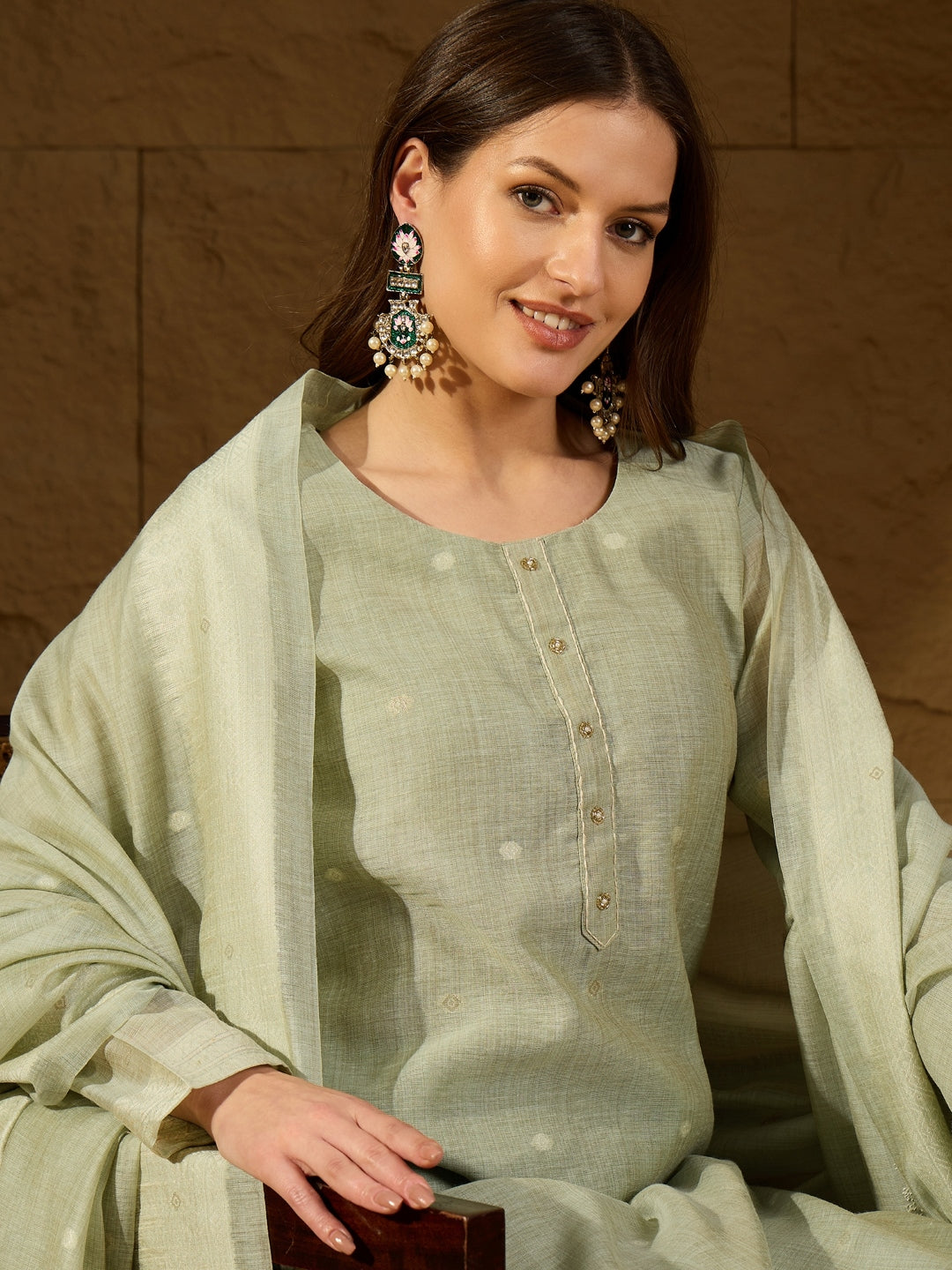 Green Chanderi Straight 3-Piece Kurta Set