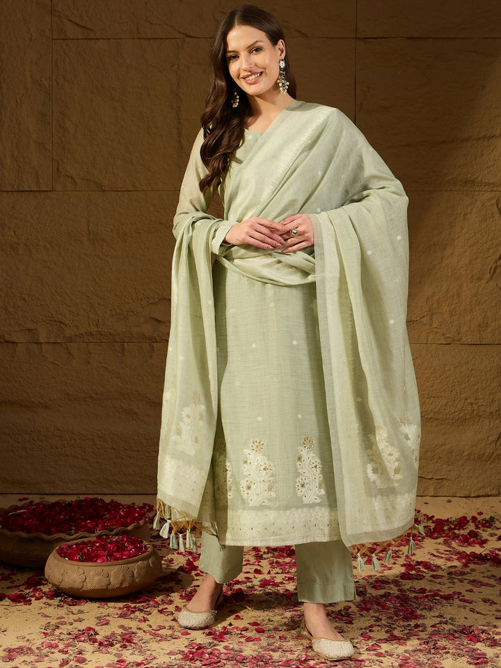 Green Chanderi Straight 3-Piece Kurta Set