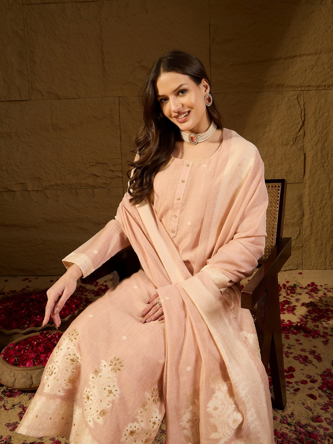 Nude Chanderi Self Design Straight 3-Piece Kurta Set