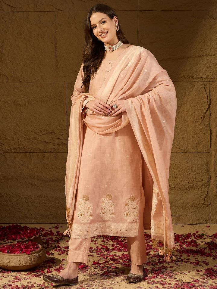 Nude Chanderi Self Design Straight 3-Piece Kurta Set