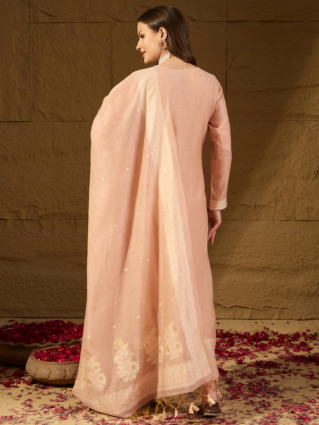 Nude Chanderi Self Design Straight 3-Piece Kurta Set