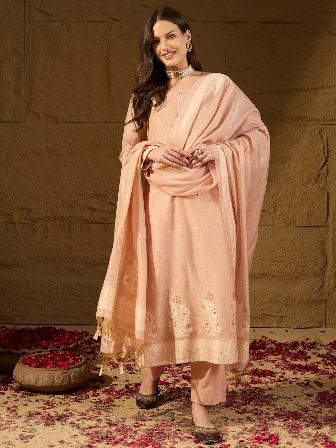 Nude Chanderi Self Design Straight 3-Piece Kurta Set