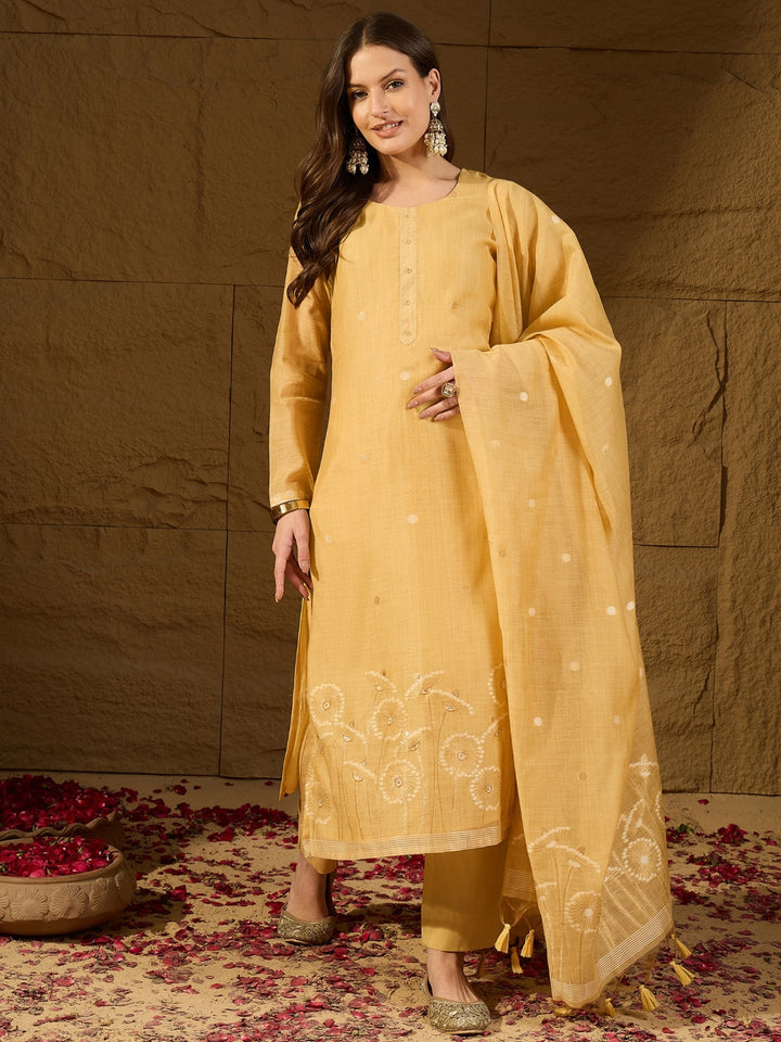 Yellow Chanderi Woven Design Straight Kurta Trouser with Dupatta