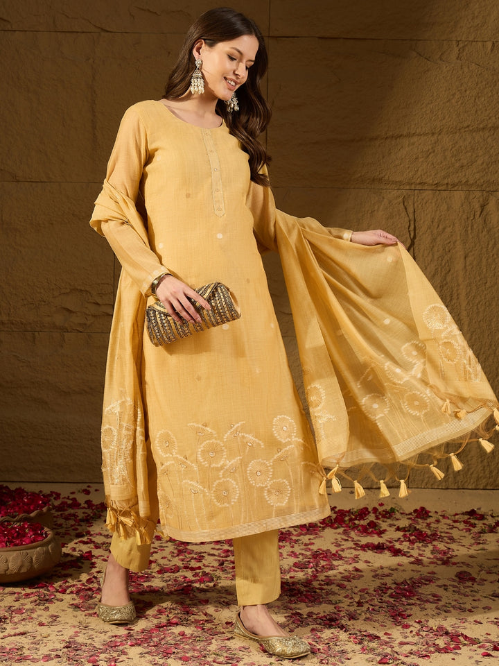 Yellow Chanderi Woven Design Straight Kurta Trouser with Dupatta