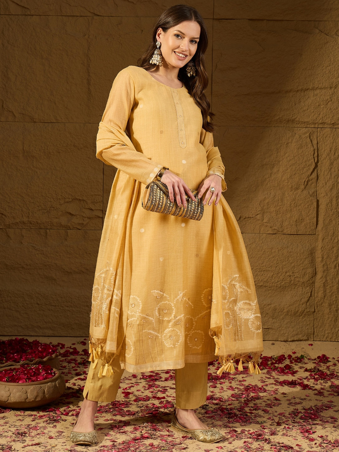 Yellow Chanderi Woven Design Straight Kurta Trouser with Dupatta