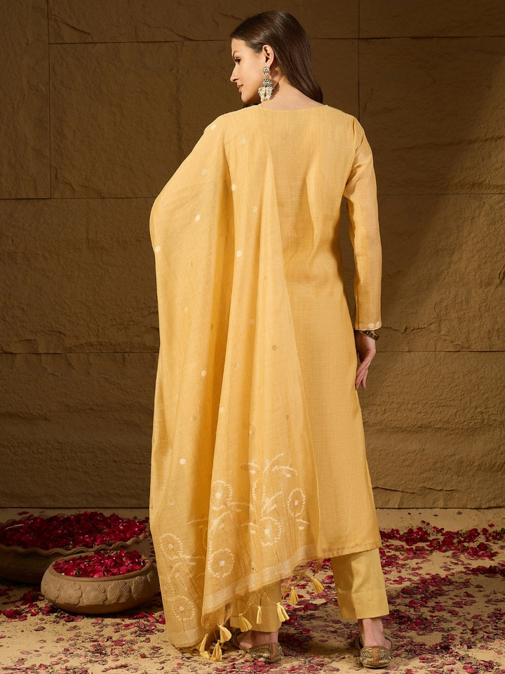 Yellow Chanderi Woven Design Straight Kurta Trouser with Dupatta