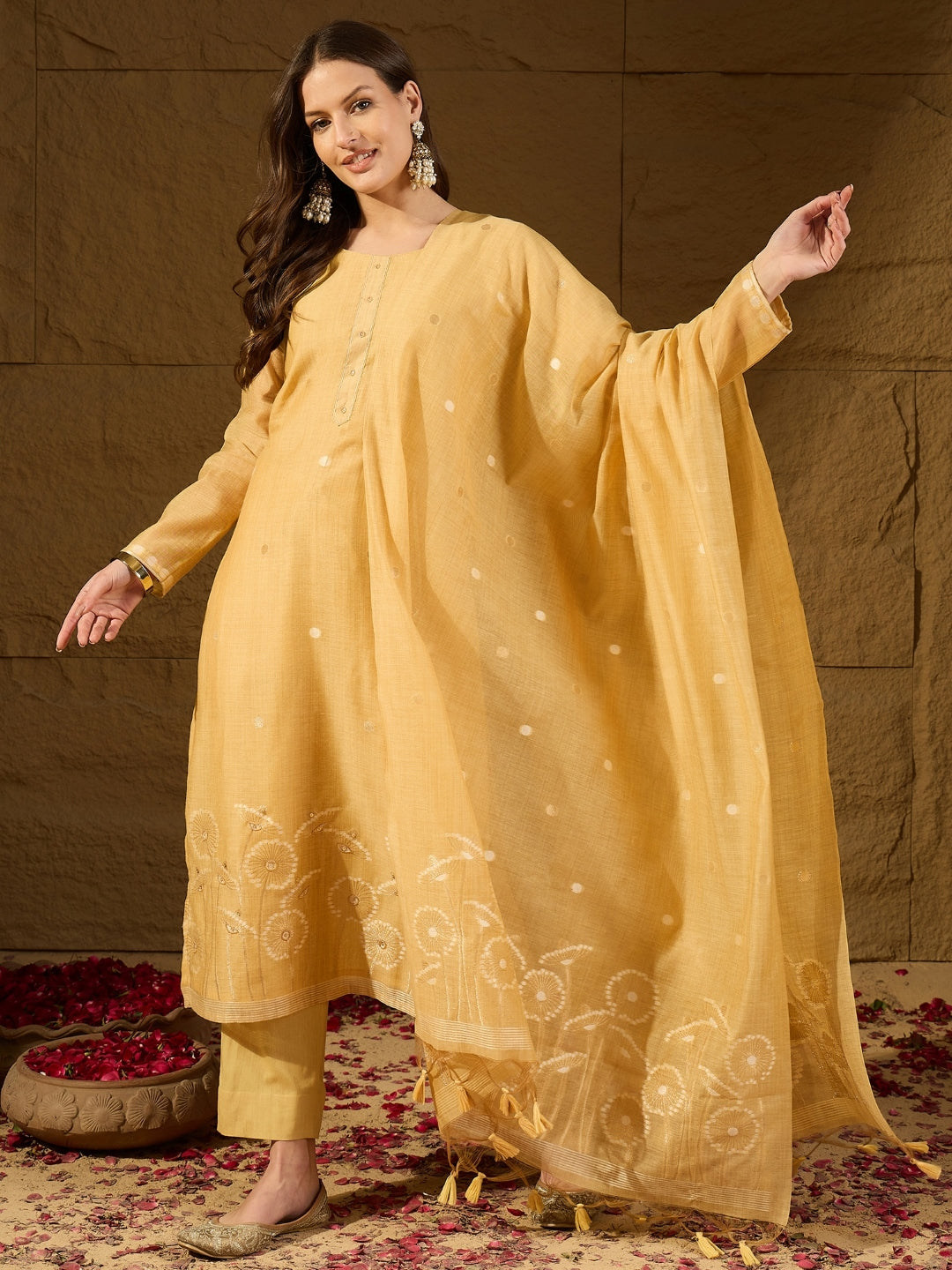 Yellow Chanderi Woven Design Straight Kurta Trouser with Dupatta