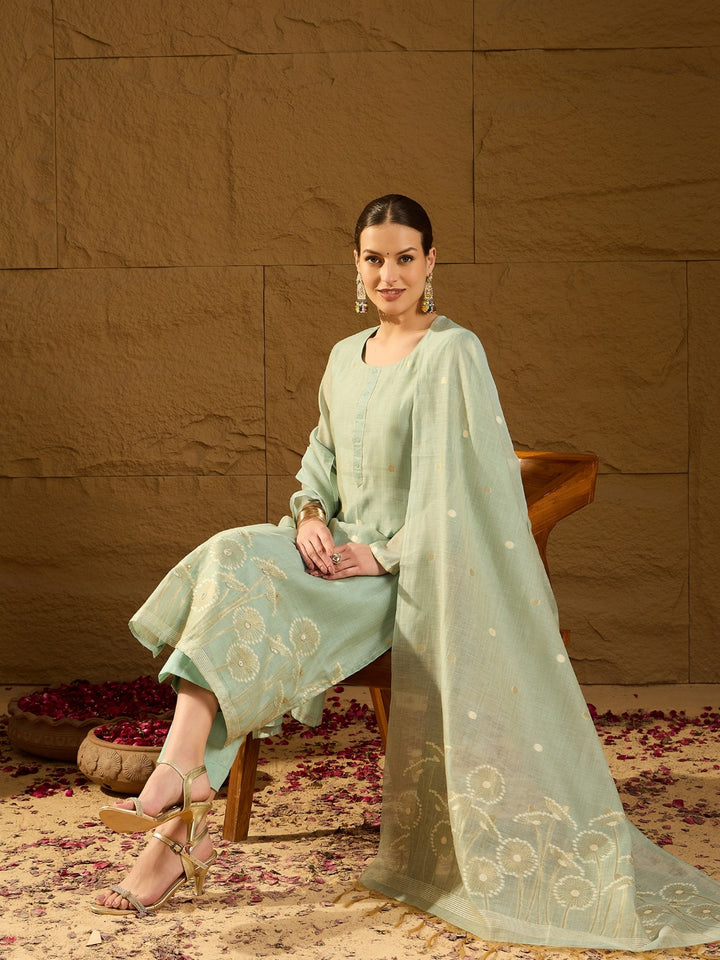 Blue Chanderi Solid Straight 3-Piece Kurta Set