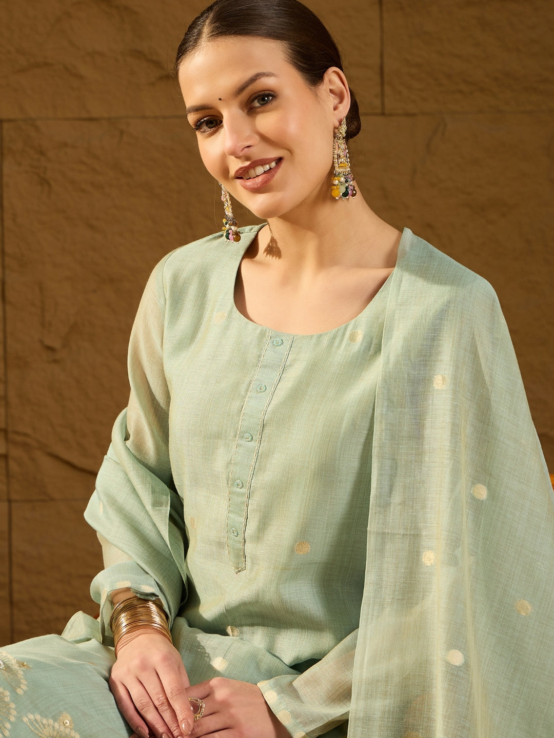 Blue Chanderi Solid Straight 3-Piece Kurta Set