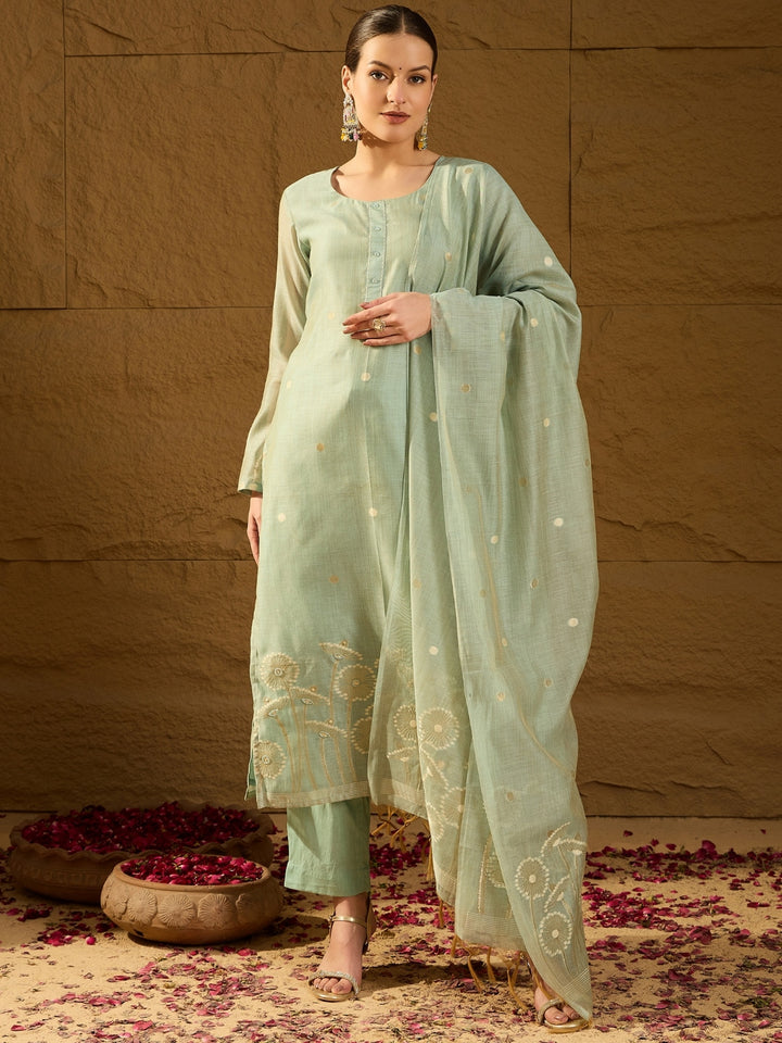 Blue Chanderi Solid Straight 3-Piece Kurta Set