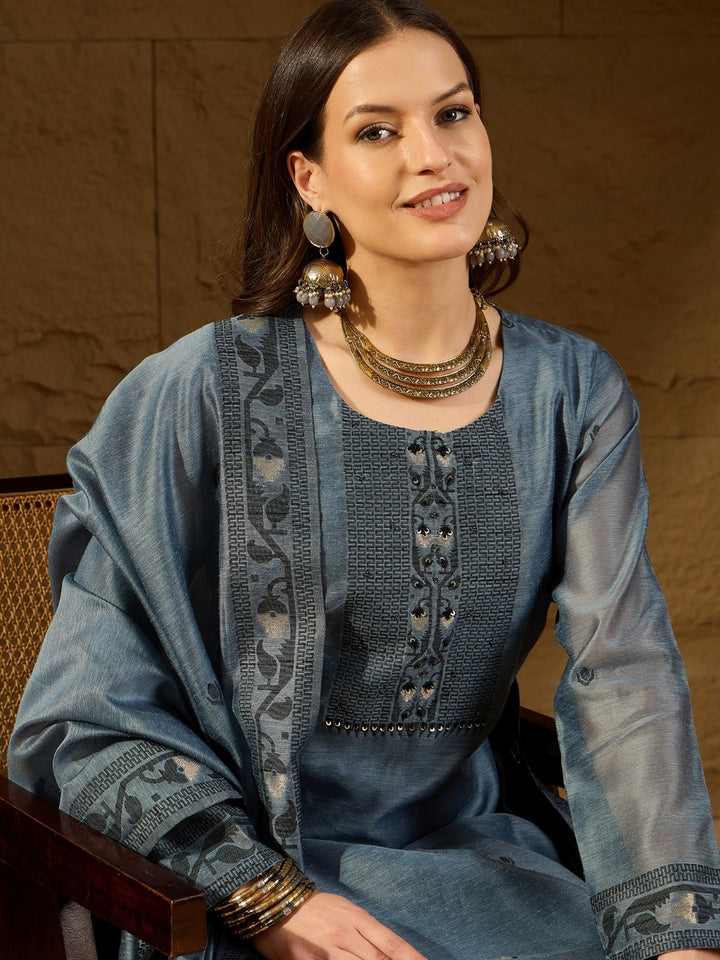 Blue Chanderi Straight 3-Piece Kurta Set
