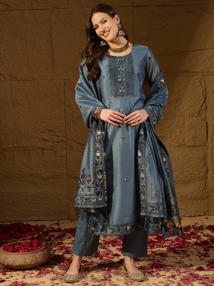 Blue Chanderi Straight 3-Piece Kurta Set