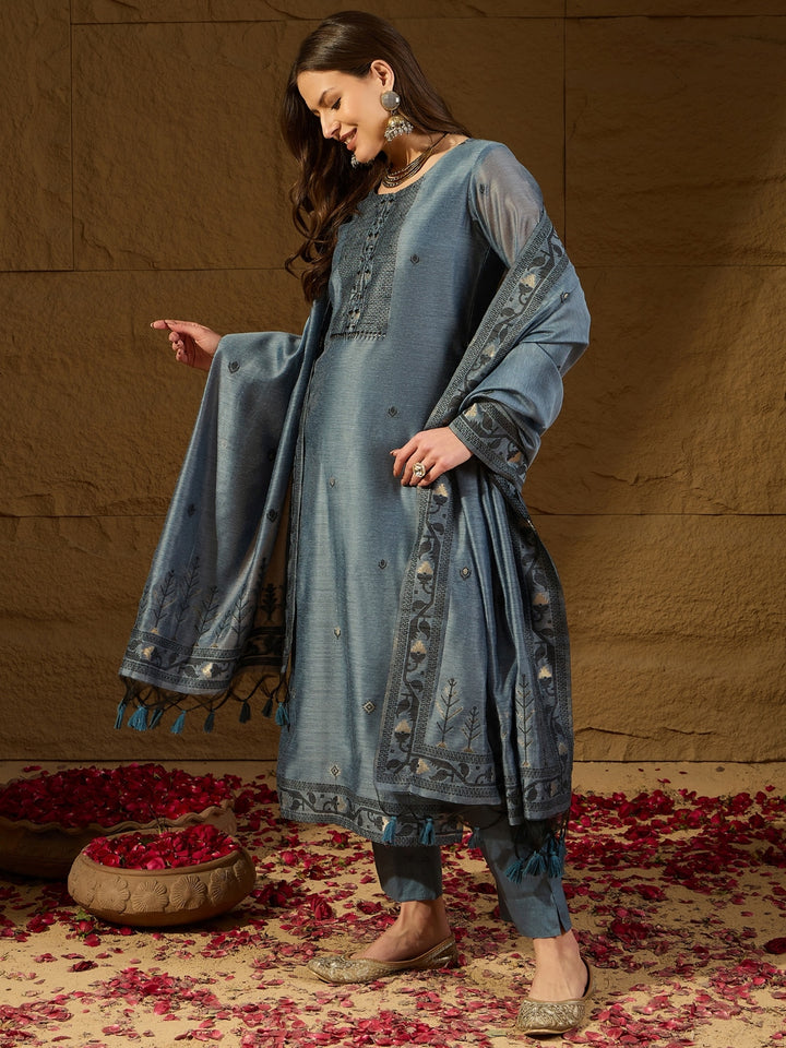 Blue Chanderi Straight 3-Piece Kurta Set