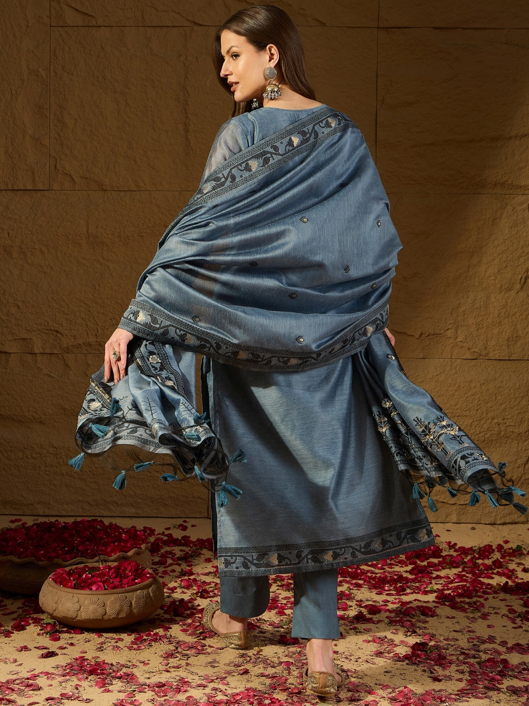 Blue Chanderi Straight 3-Piece Kurta Set