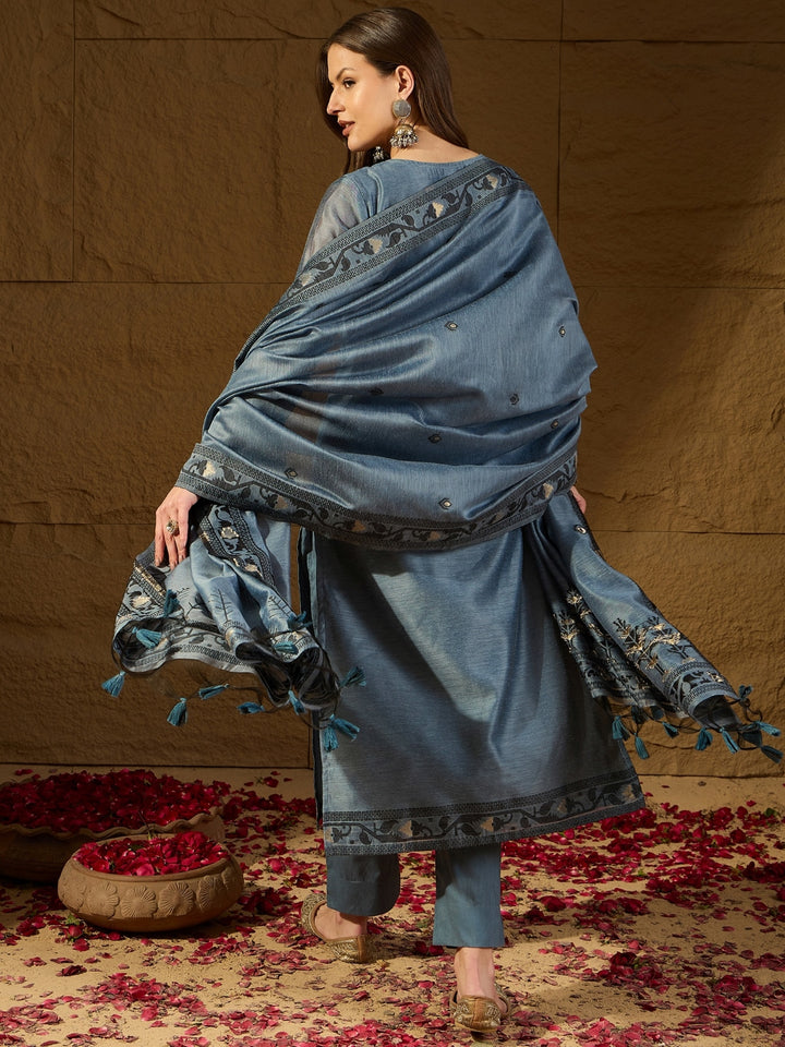 Blue Chanderi Straight 3-Piece Kurta Set