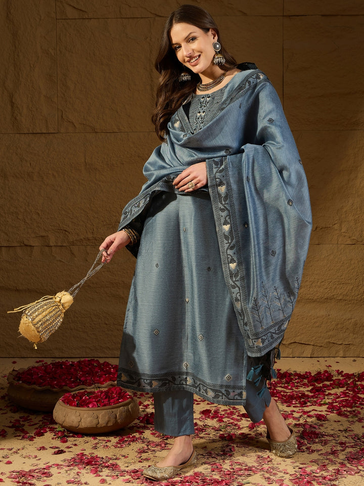Blue Chanderi Straight 3-Piece Kurta Set