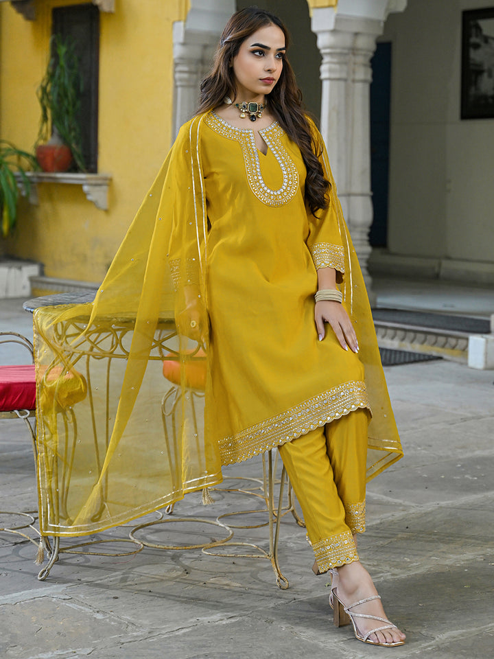 Mustard Silk Blend Solid Embroidered A-Line Kurta Trousers With Dupatta