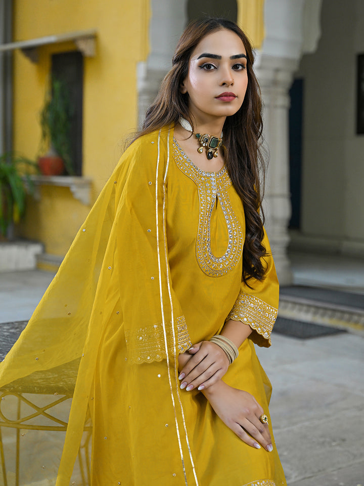Mustard Silk Blend Solid Embroidered A-Line Kurta Trousers With Dupatta