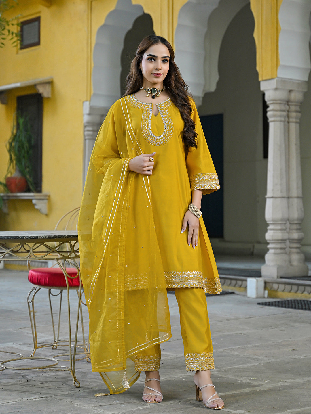 Mustard Silk Blend Solid Embroidered A-Line Kurta Trousers With Dupatta