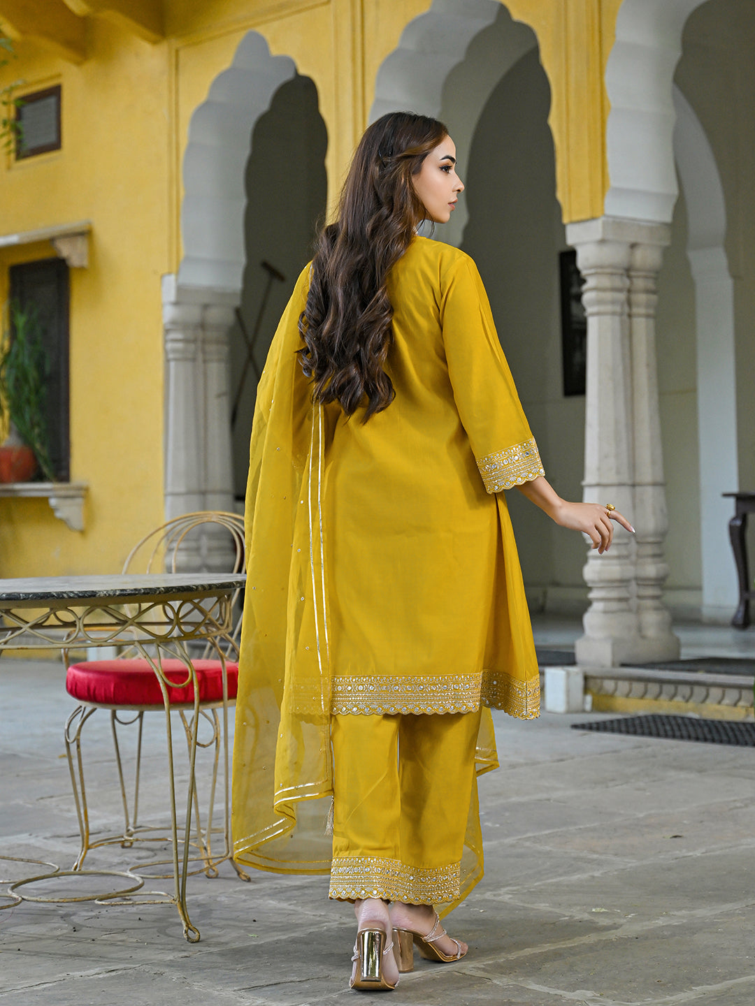 Mustard Silk Blend Solid Embroidered A-Line Kurta Trousers With Dupatta