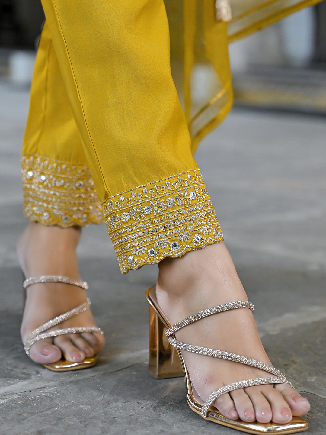 Mustard Silk Blend Solid Embroidered A-Line Kurta Trousers With Dupatta