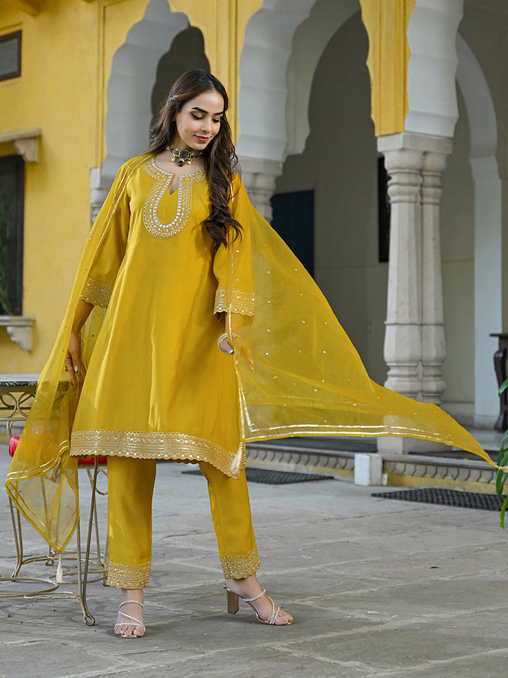 Mustard Silk Blend Solid Embroidered A-Line Kurta Trousers With Dupatta