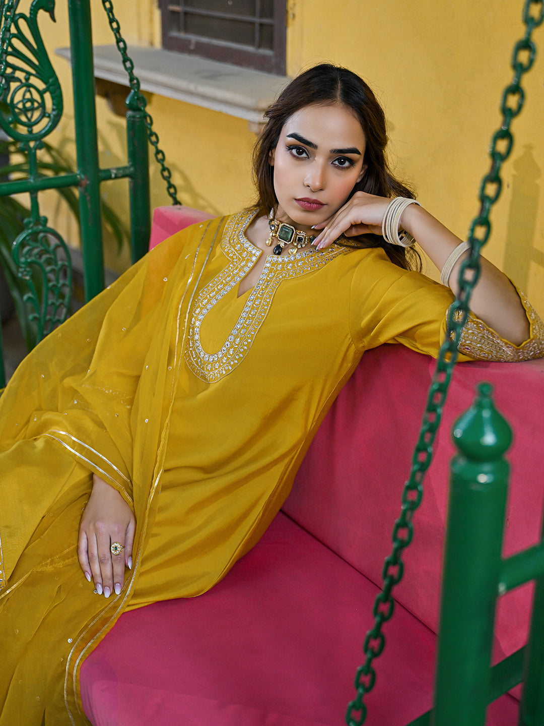 Mustard Silk Blend Solid Embroidered A-Line Kurta Trousers With Dupatta