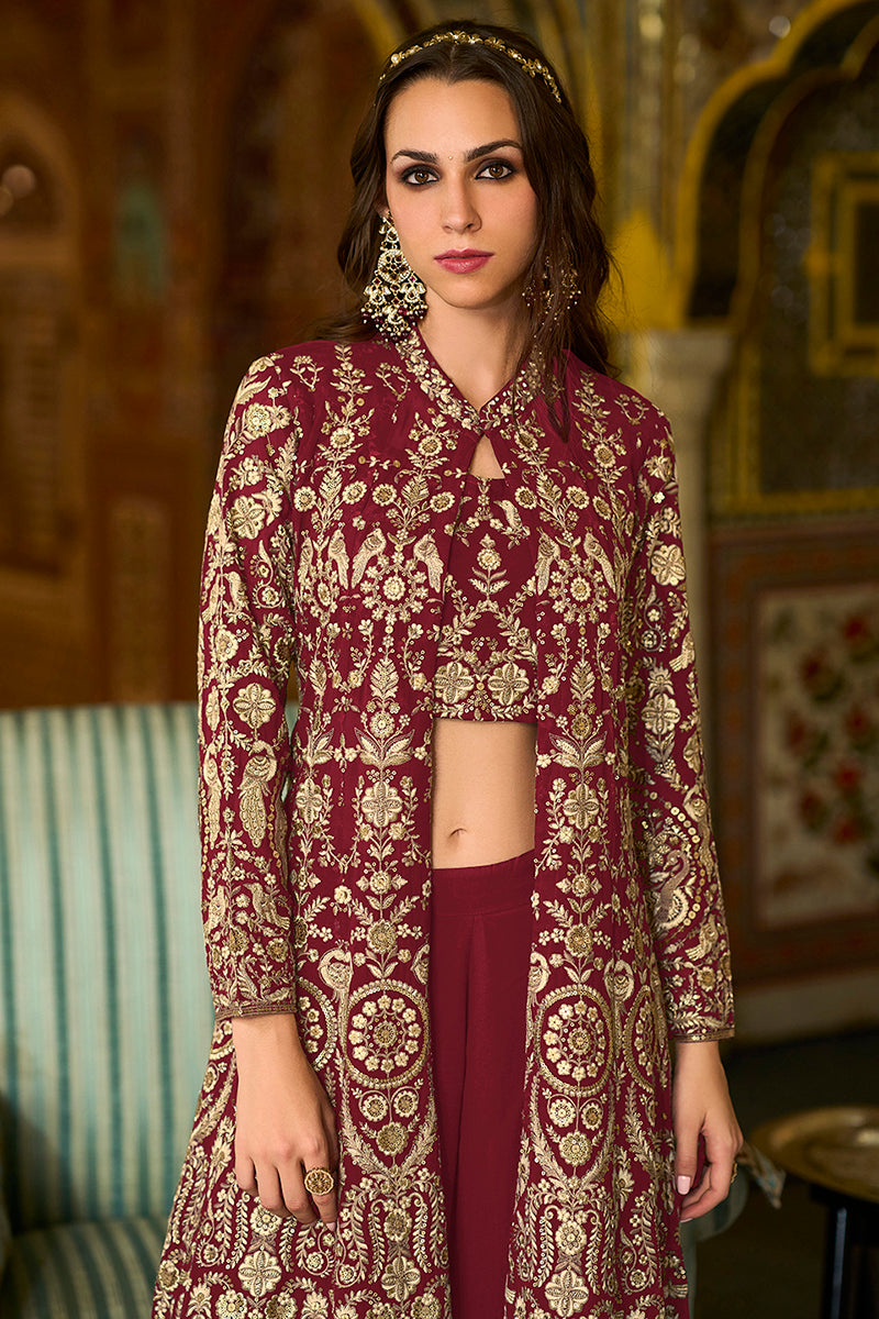 Maroon Georgette Embroidered Top with Sharara & Shrug